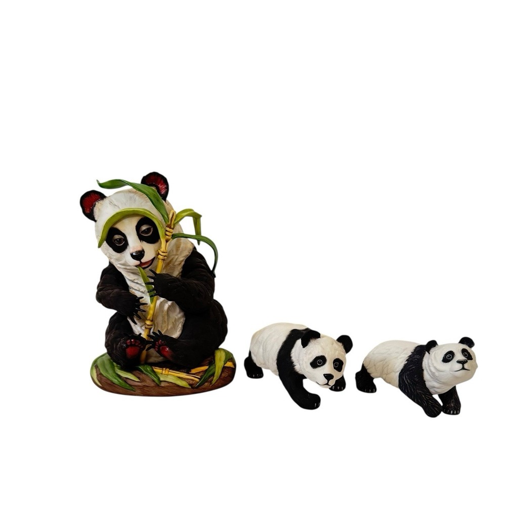 3 Panda Bears Boehm Figurines Seated Cub & Bamboo 400-54 Lot